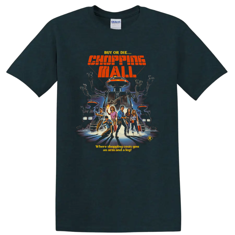 Chopping Mall retro killer robot movie poster print with Buy or Die text on a Midnight (Green) T Shirt