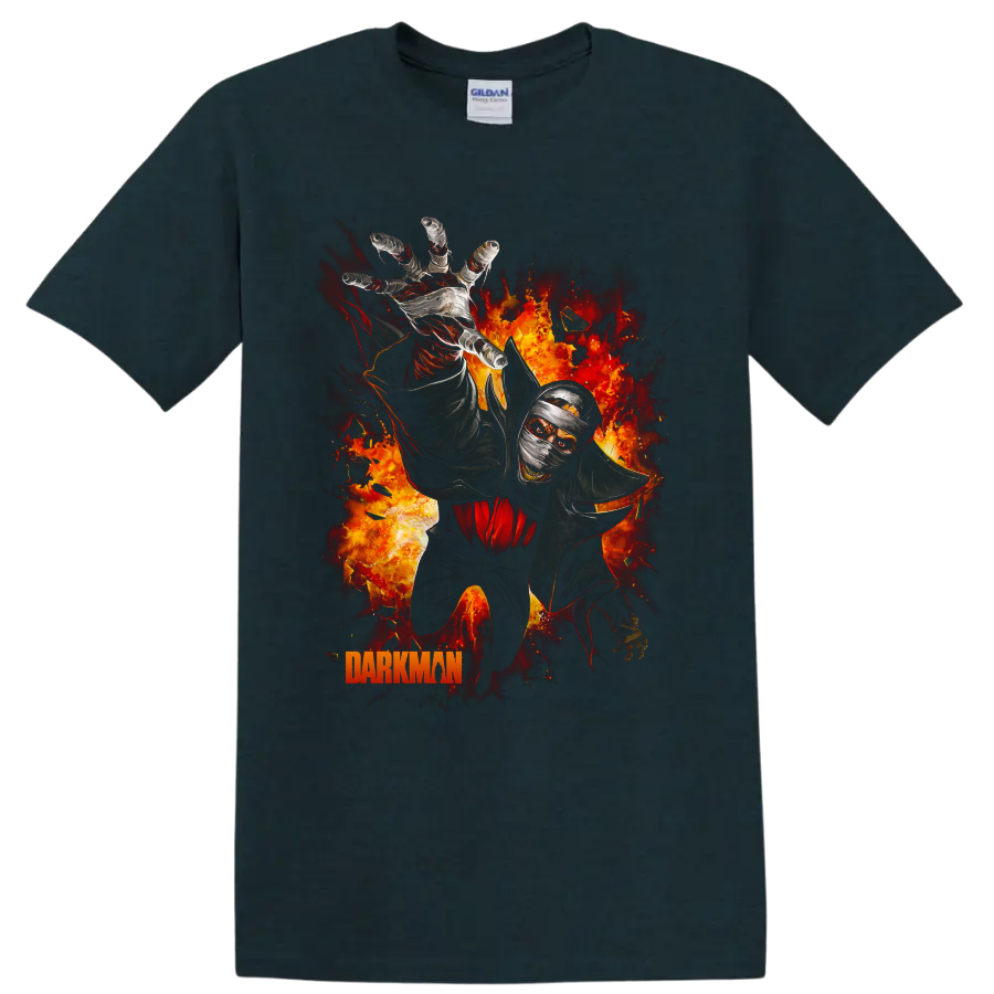 Darkman bandaged vigilante reaching through flames graphic print on a Midnight (Green) T Shirt
