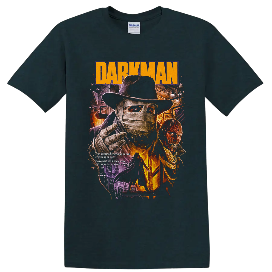 Darkman bandaged vigilante retro horror poster with DARKMAN text on a Midnight (Green) T Shirt