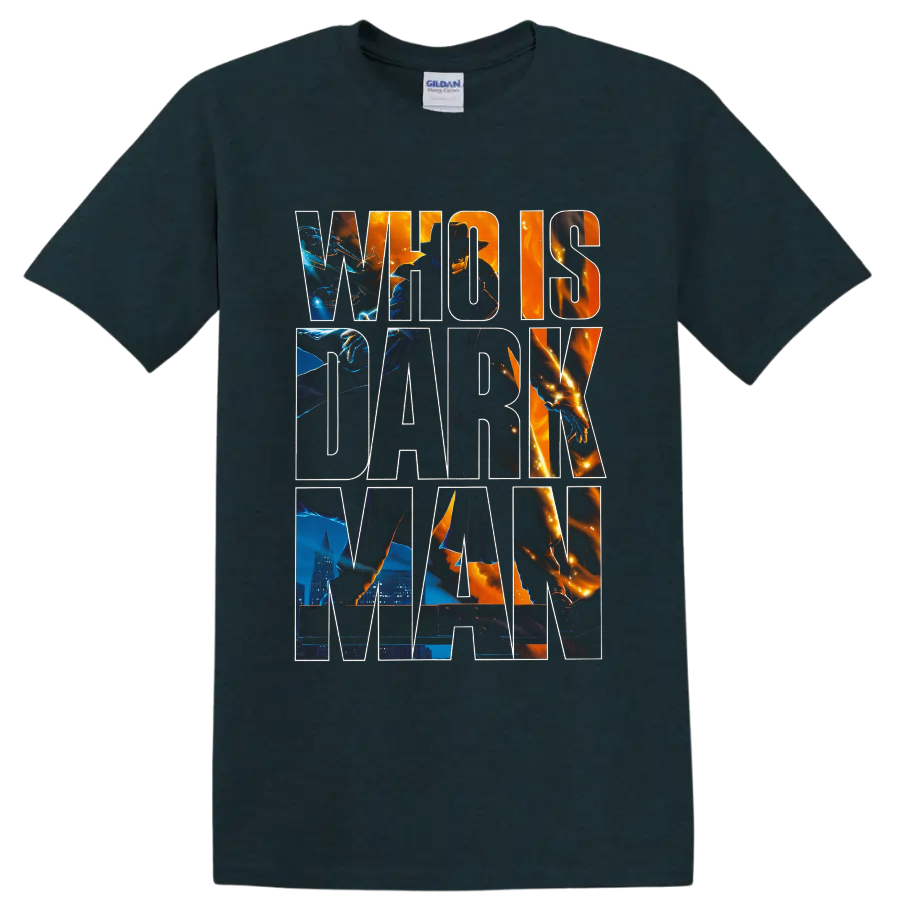 Darkman vigilante graphic with fiery city scenes and oversized lettering on a Midnight (Green) T Shirt