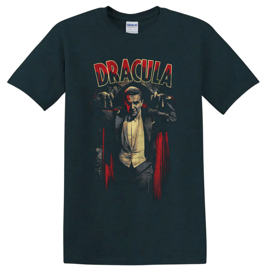 Dracula vampire character distressed Gothic horror graphic on a Midnight (Green) T Shirt