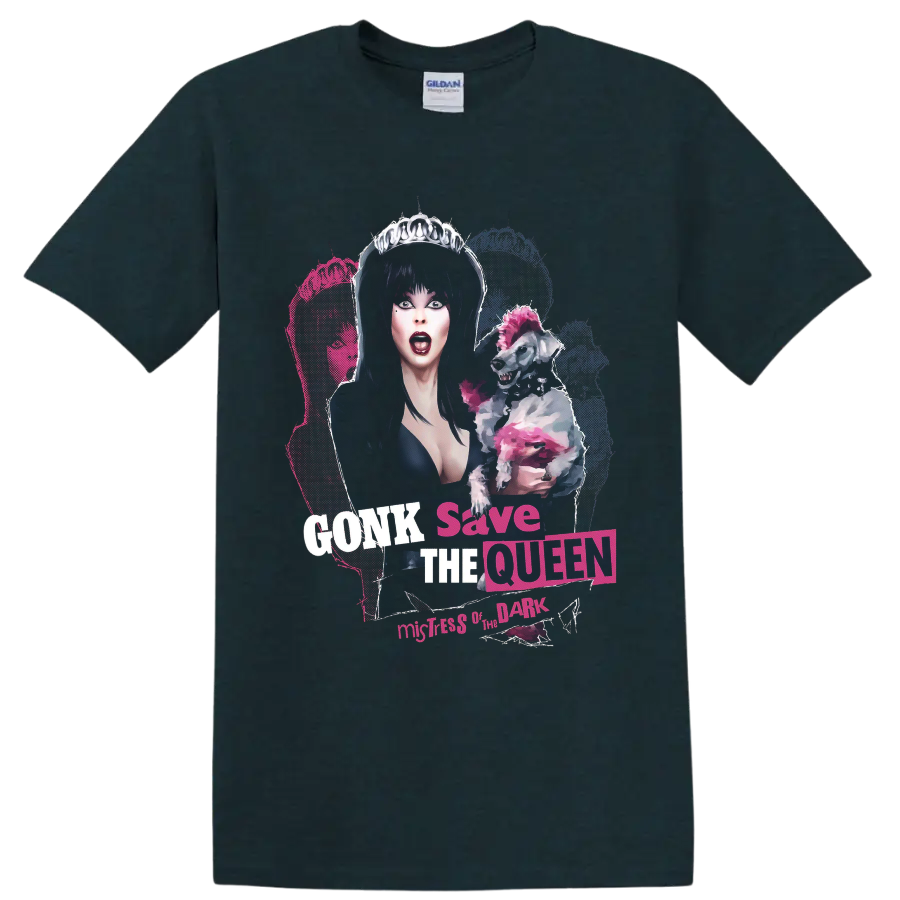 Elvira gothic queen with pink punk dog and GONK Save the Queen text on a Midnight (Green) T Shirt