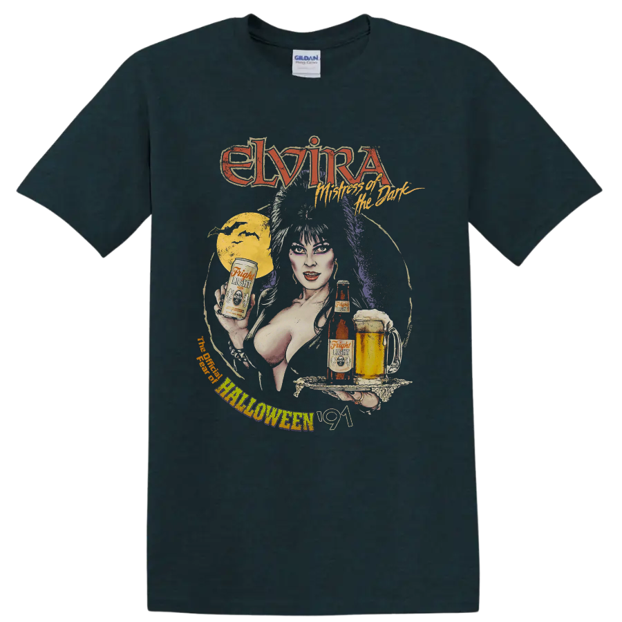 Elvira Mistress of the Dark vintage Halloween graphic with moon and beer on a Midnight (Green) T Shirt