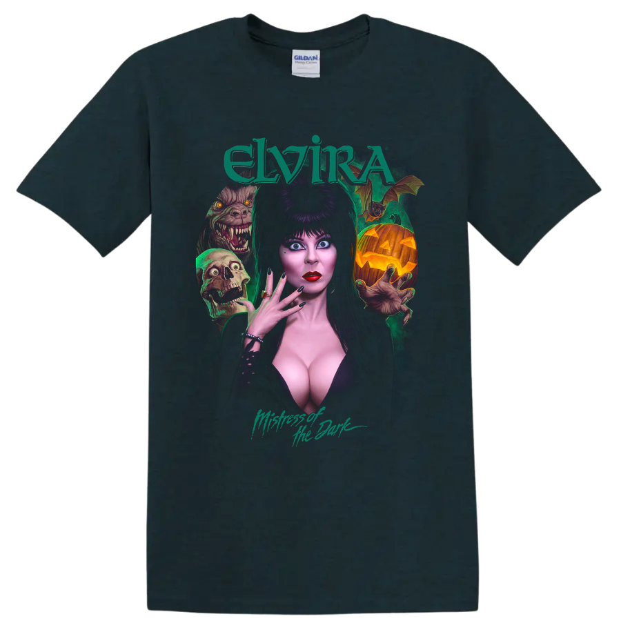 Elvira Mistress of the Dark gothic horror portrait with monsters on a Midnight (Green) T Shirt