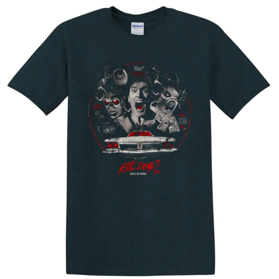 Evil Dead 2 distressed horror collage with screaming faces and demon car on a Midnight (Green) T Shirt