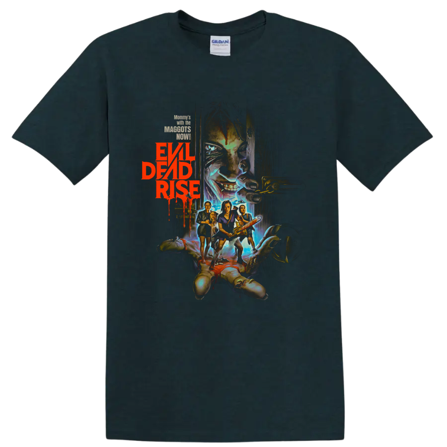 Evil Dead Rise horror graphic with possessed face, survivors, and chainsaw on a Midnight (Green) T Shirt