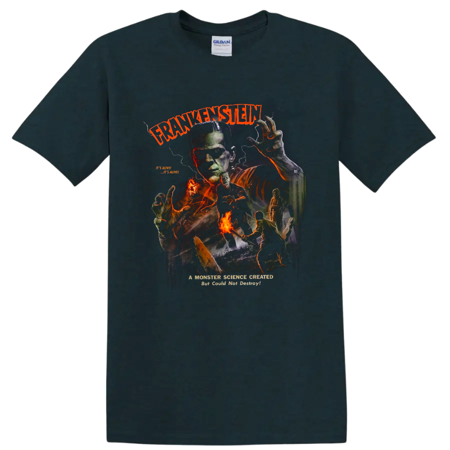 Frankenstein's Monster vintage gothic horror graphic with lightning and fire on a Midnight (Green) T Shirt