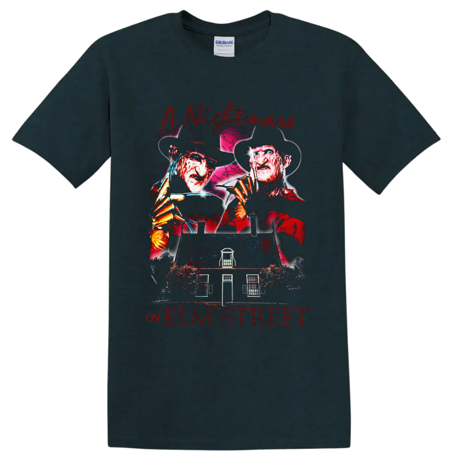 Freddy Krueger A Nightmare on Elm Street distressed horror graphic with house on a Midnight (Green) T Shirt