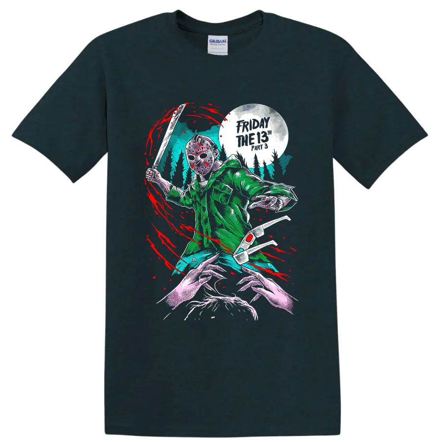 Friday the 13th masked slasher with machete beneath a full moon on a Midnight (Green) T Shirt