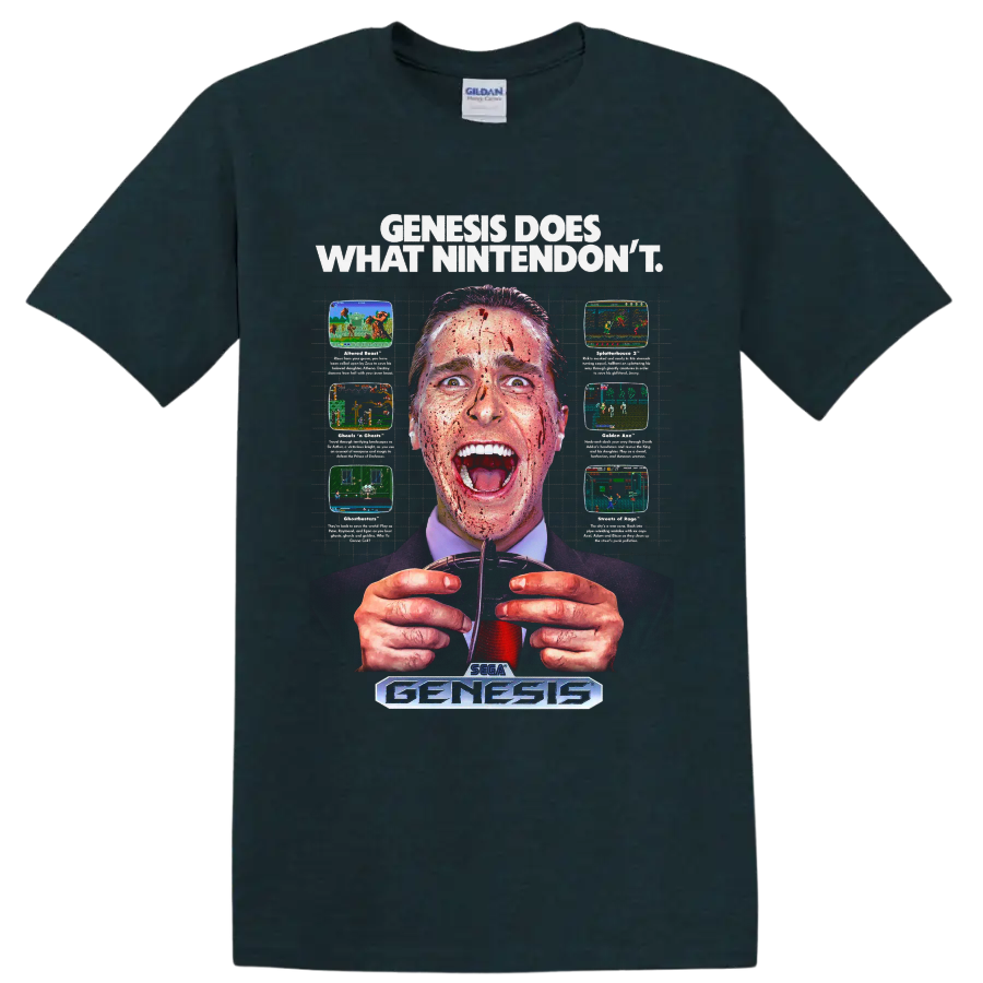 Patrick Bateman American Psycho Genesis retro gaming parody graphic on a Midnight (Green) T Shirt