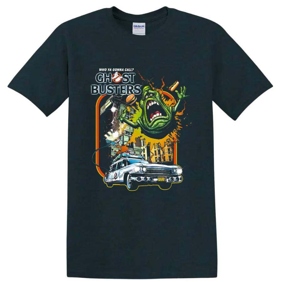Ghostbusters Slimer and Ecto-1 retro graphic with movie lettering on a Midnight (Green) T Shirt