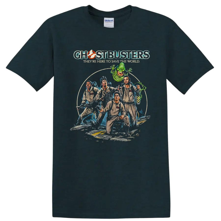 Ghostbusters II team and Slimer retro movie graphic with Ghostbusters text on a Midnight (Green) T Shirt