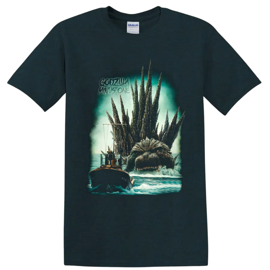 Godzilla rising behind a boat, vintage ocean horror graphic with title text on a Midnight (Green) T Shirt
