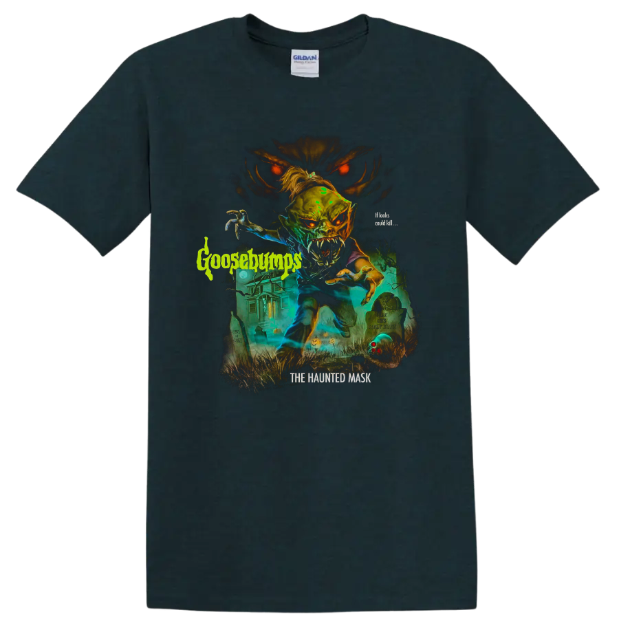 Goosebumps haunted mask monster graveyard graphic with glowing red eyes on a Midnight (Green) T Shirt