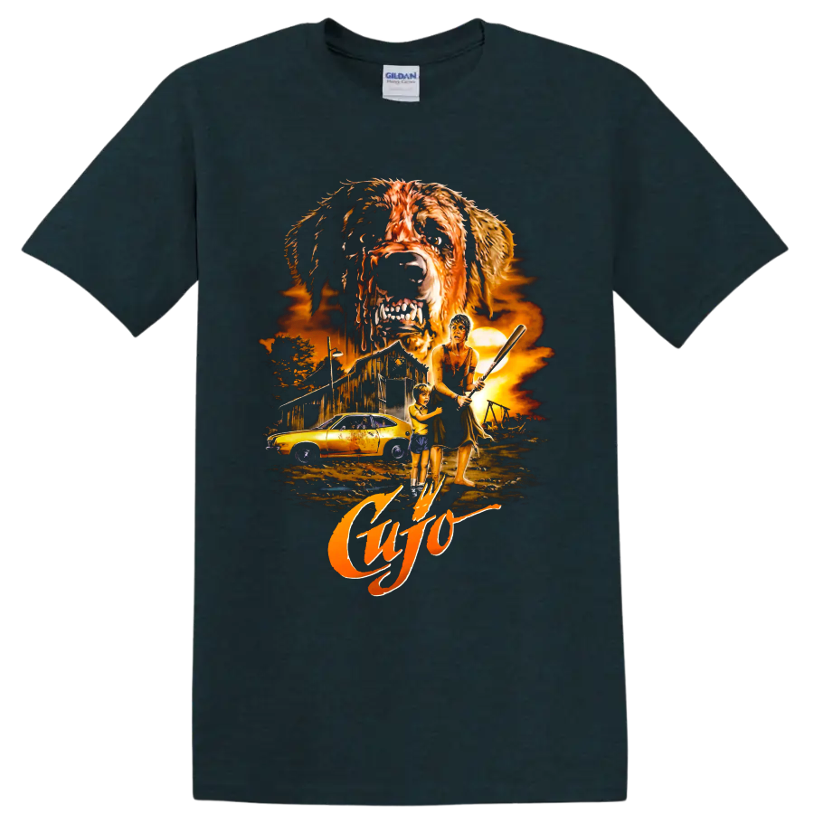 Cujo horror movie graphic with rabid dog, barn, car, woman, and child on a Midnight (Green) T Shirt