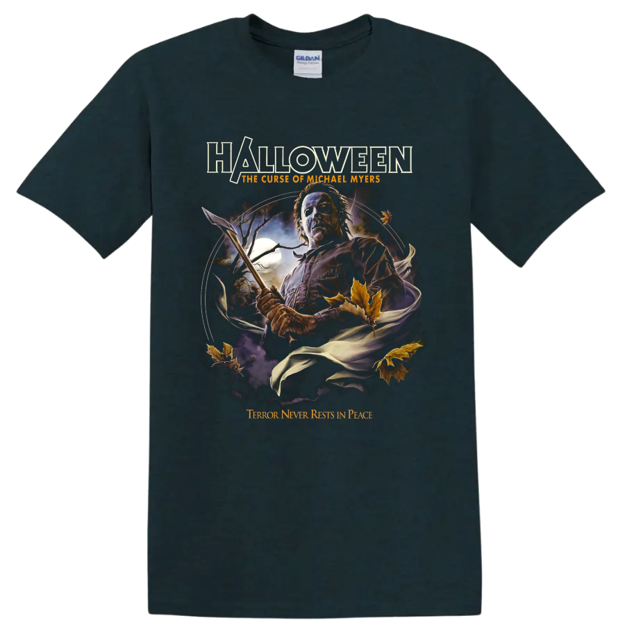 Michael Myers Halloween horror graphic with knife, moon, leaves, and title text on a Midnight (Green) T Shirt