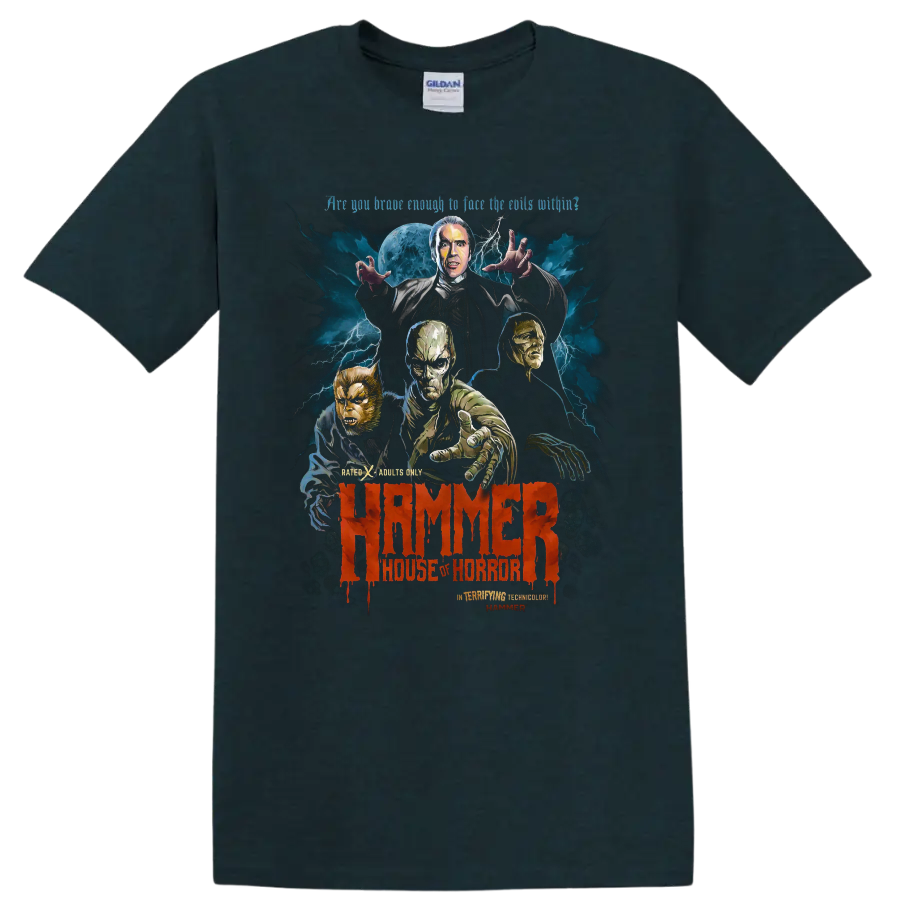 Hammer House of Horror monster poster art with moon, lightning, and red lettering on a Midnight (Green) T Shirt