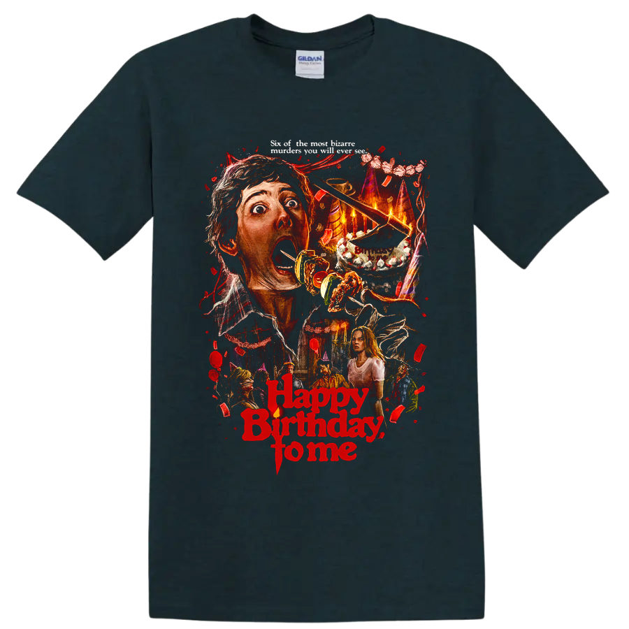 Happy Birthday to Me horror movie collage with birthday cake and red lettering on a Midnight (Green) T Shirt