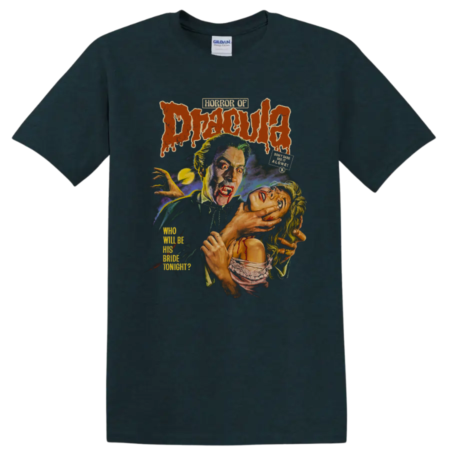 Horror of Dracula vintage gothic vampire movie poster graphic on a Midnight (Green) T Shirt