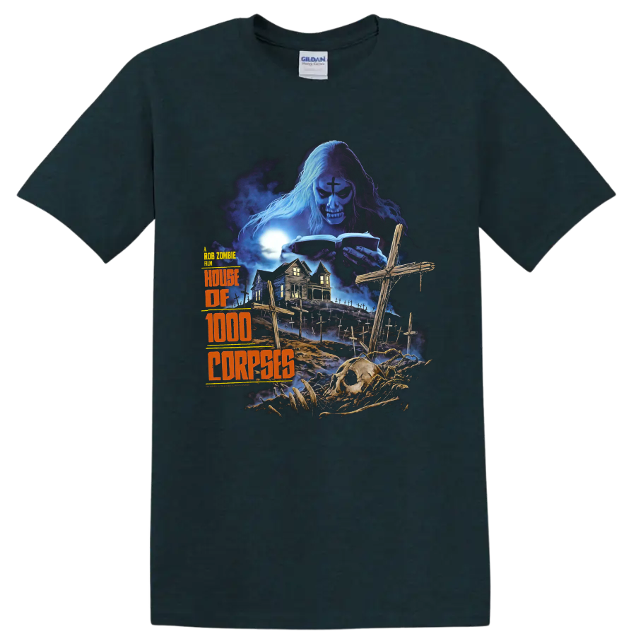 House of 1000 Corpses gothic graveyard artwork with skeleton and haunted house on a Midnight (Green) T Shirt