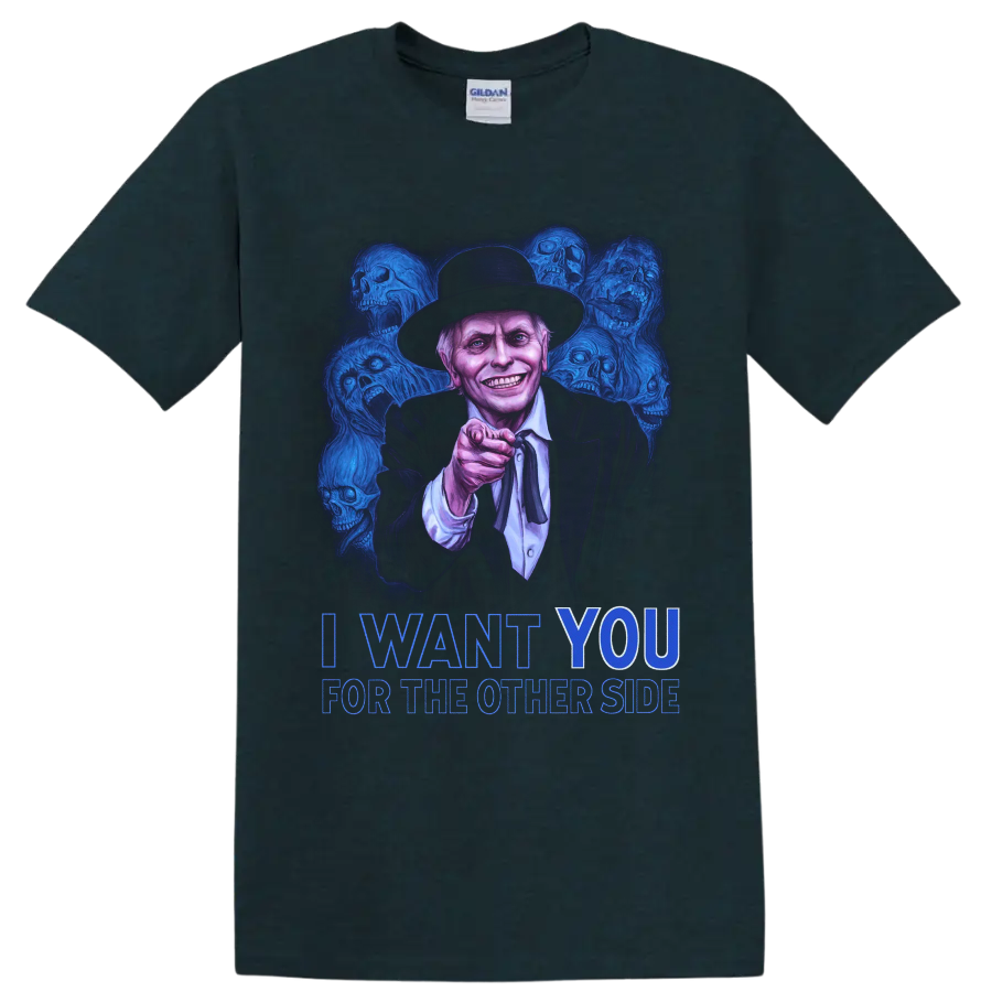 Poltergeist II preacher horror art with blue skulls and I Want You text on a Midnight (Green) T Shirt
