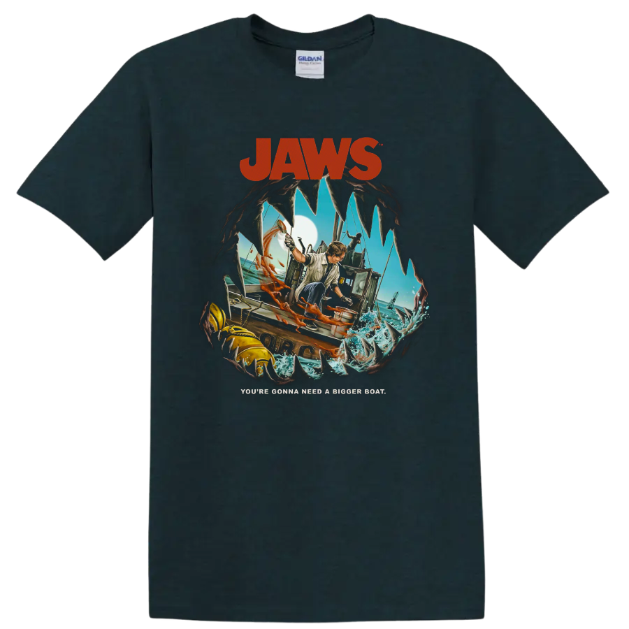 Jaws: The Revenge shark fishing boat graphic with You're Gonna Need a Bigger Boat on a Midnight (Green) T Shirt