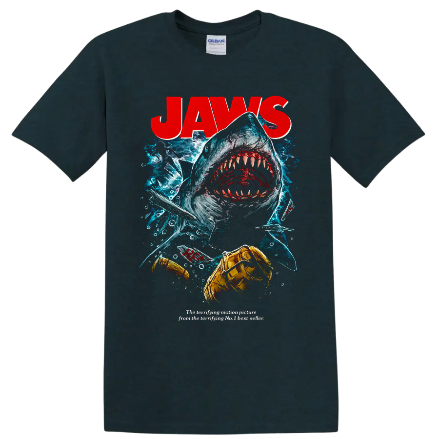 Jaws shark attack graphic print with diver and underwater horror artwork on a Midnight (Green) T Shirt