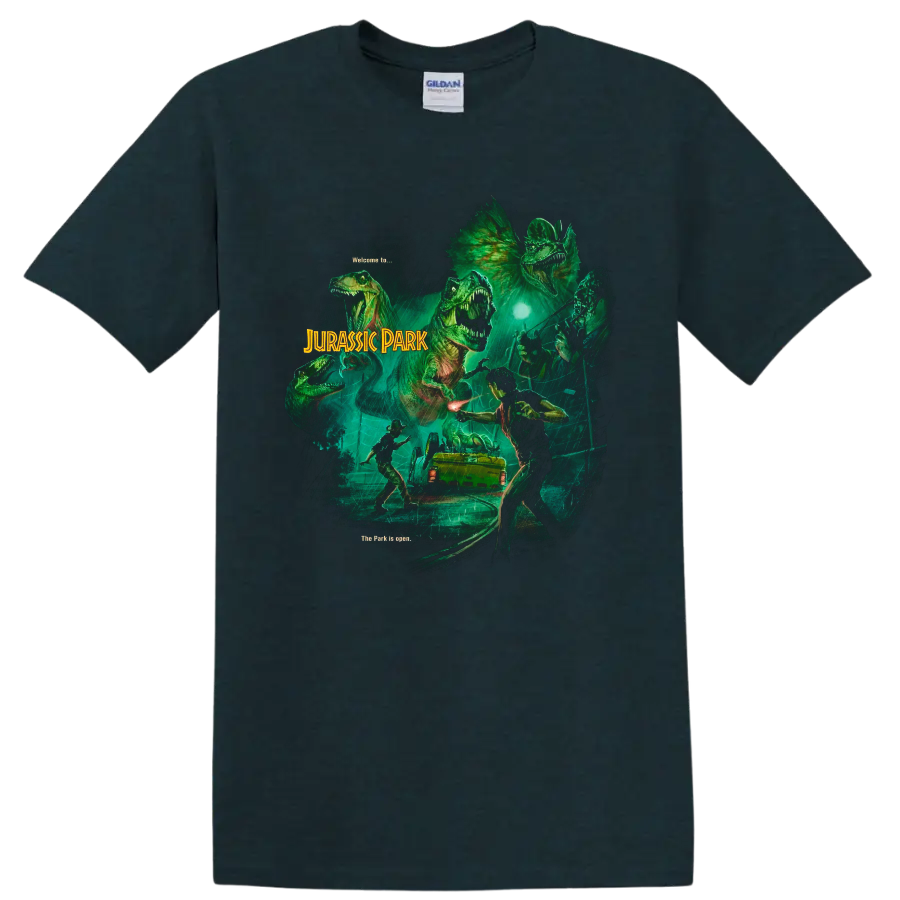 Jurassic Park dinosaur escape graphic with rainy jungle scene and movie lettering on a Midnight (Green) T Shirt