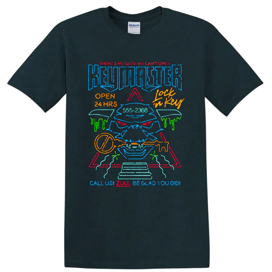 Ghostbusters neon gatekeeper graphic with key and retro lettering on a Midnight (Green) T Shirt
