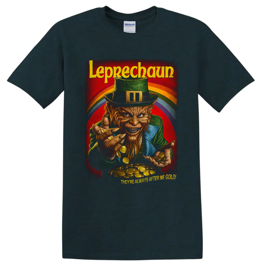 Leprechaun horror movie graphic with gold coins and rainbow on a Midnight (Green) T Shirt