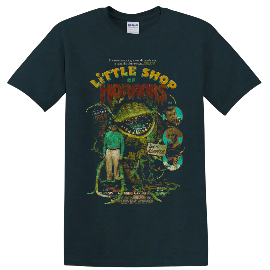 Little Shop of Horrors retro carnivorous plant horror collage on a Midnight (Green) T Shirt