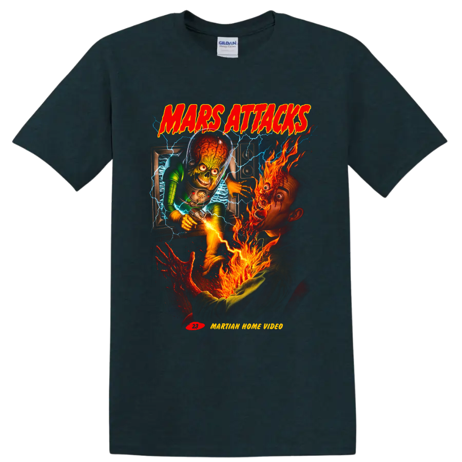 Mars Attacks! Martian invasion graphic with flames, lightning, and retro lettering on a Midnight (Green) T Shirt