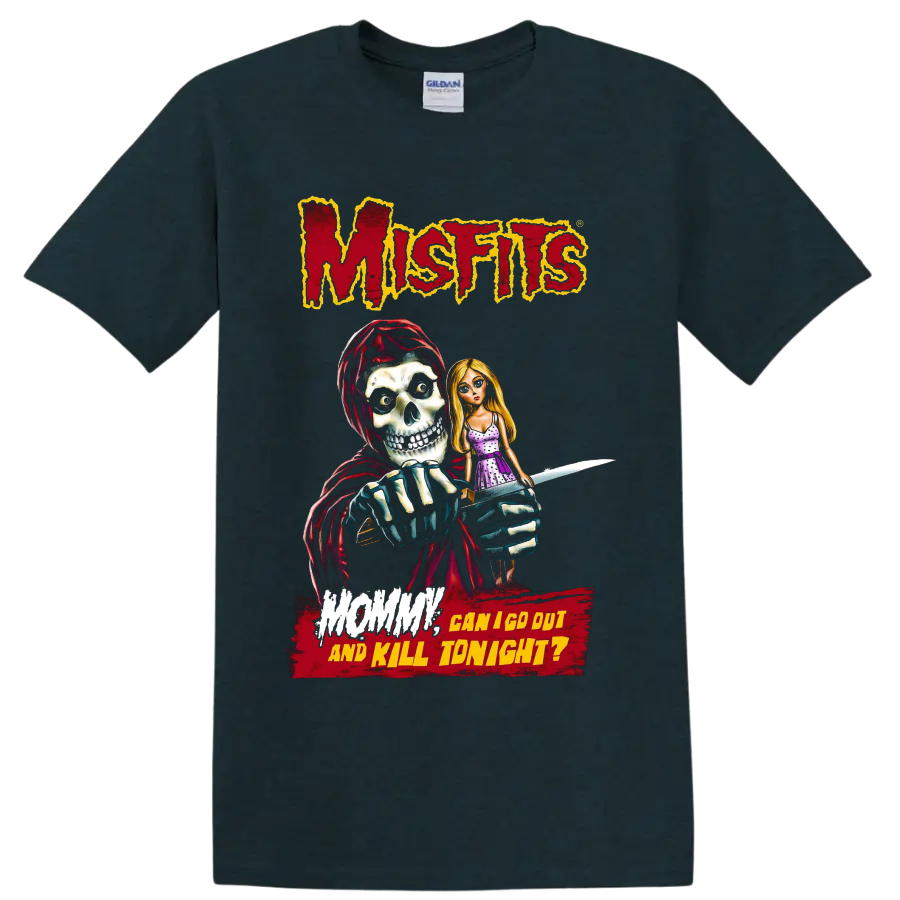 Misfits horror graphic with hooded skull, blonde doll, knife, and distressed text on a Midnight (Green) T Shirt