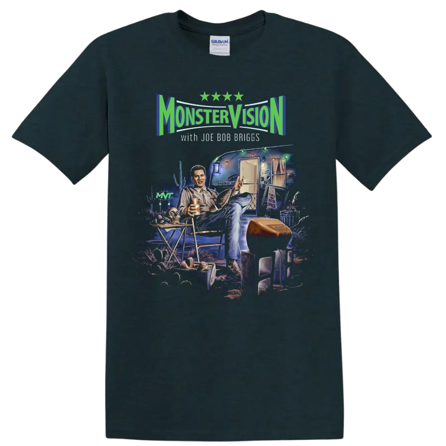 Monster Vision with Joe Bob Briggs trailer scene graphic print on a Midnight (Green) T Shirt