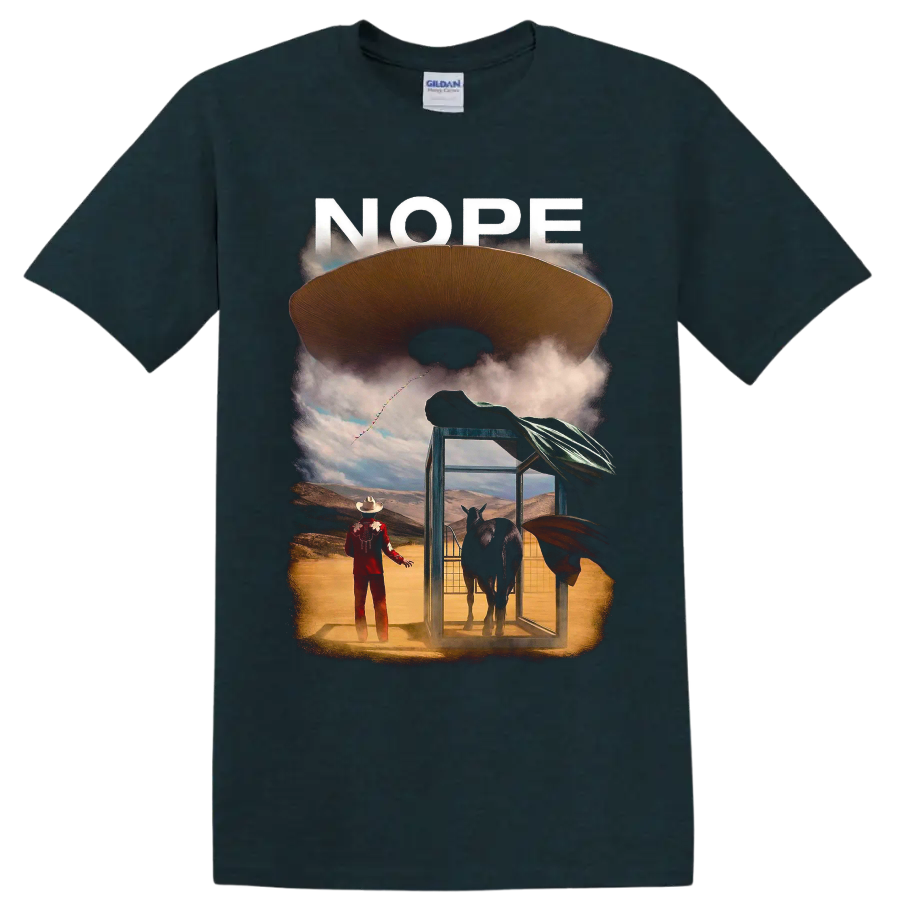 Nope movie graphic with flying saucer, horse ranch scene, and NOPE text on a Midnight (Green) T Shirt