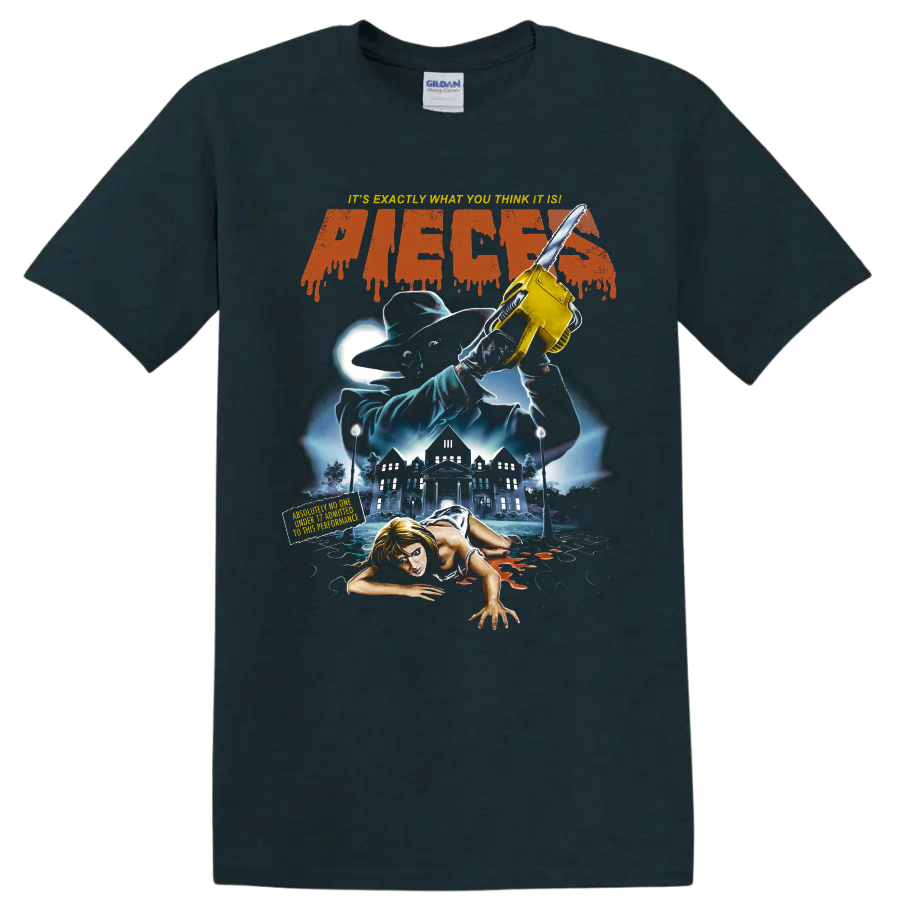 Pieces horror movie graphic with chainsaw, haunted mansion, and slasher artwork on a Midnight (Green) T Shirt