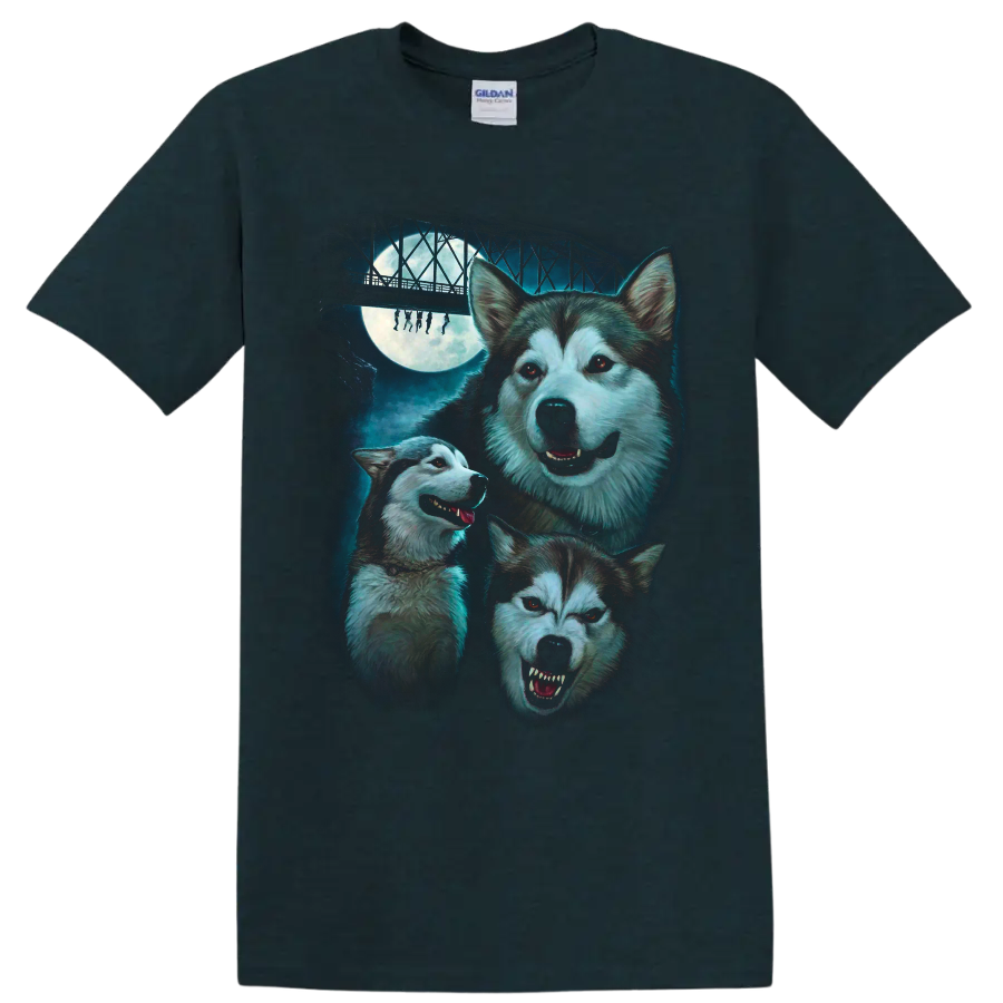 Three huskies under a full moon and bridge in horror movie art on a Midnight (Green) T Shirt