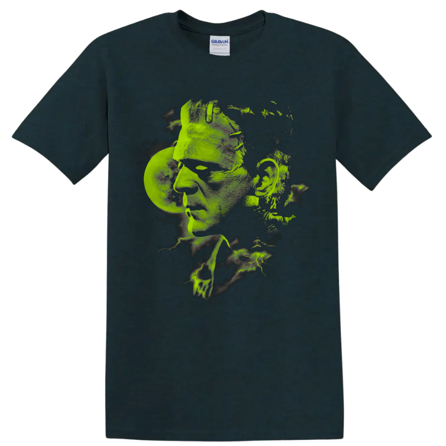 Frankenstein monster portrait with green lightning distressed graphic on a Midnight (Green) T Shirt