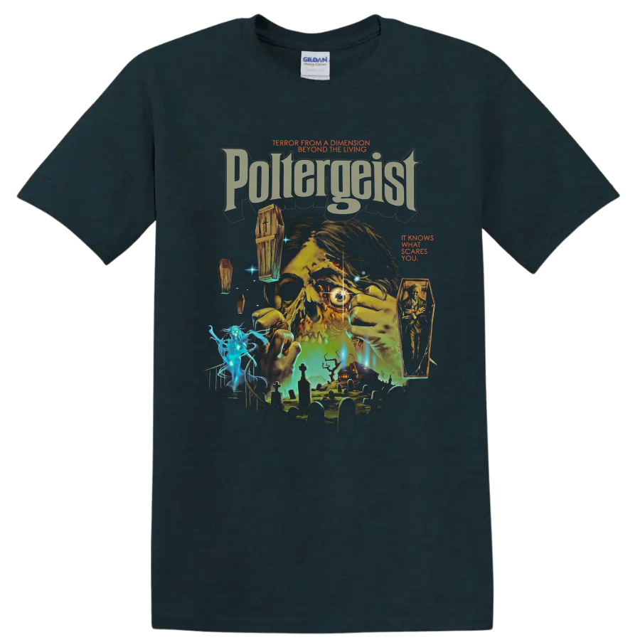 Poltergeist distressed horror collage with haunted house and cemetery on a Midnight (Green) T Shirt