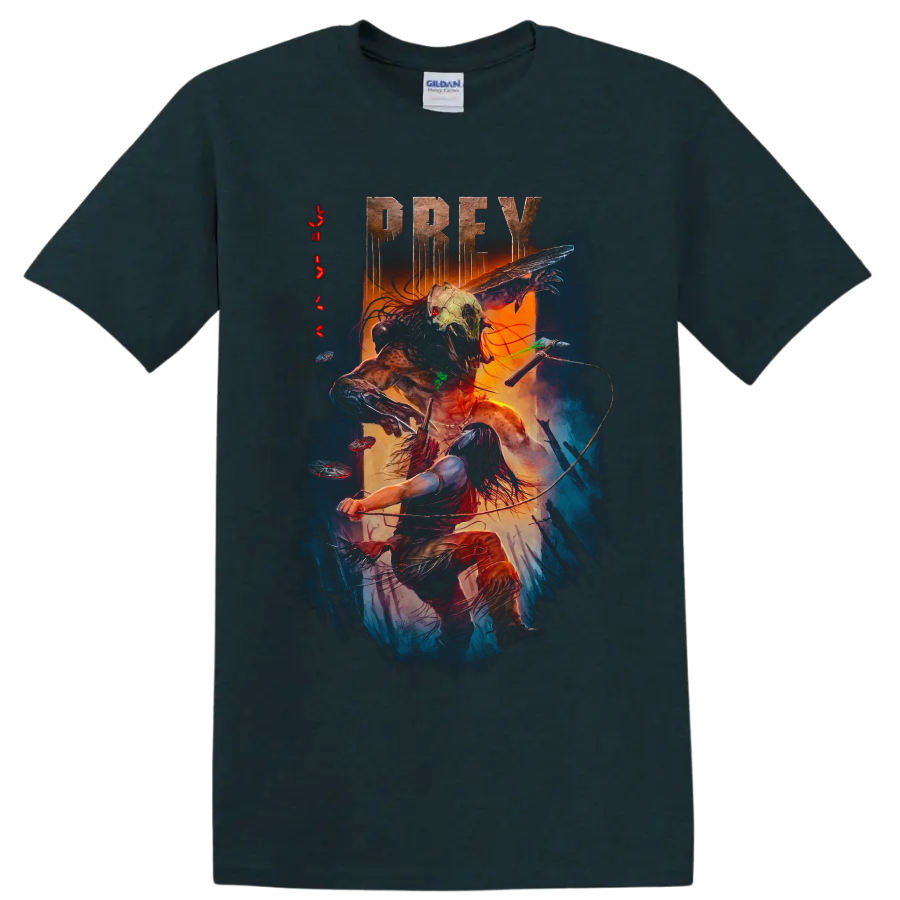 Prey graphic print of warrior battling a masked alien hunter on a Midnight (Green) T Shirt