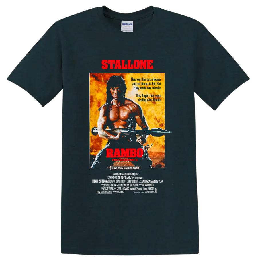 Rambo First Blood Part II fiery vintage movie poster graphic on a Midnight (Green) T Shirt