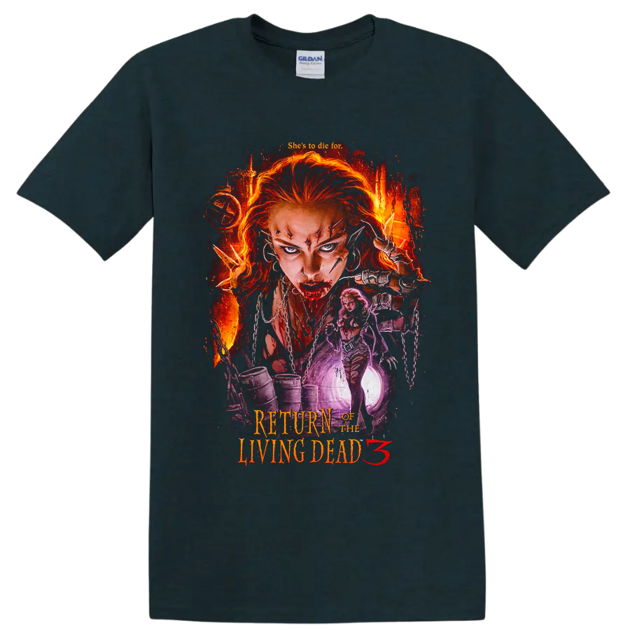 Return of the Living Dead 3 fiery zombie horror graphic with red-haired woman on a Midnight (Green) T Shirt
