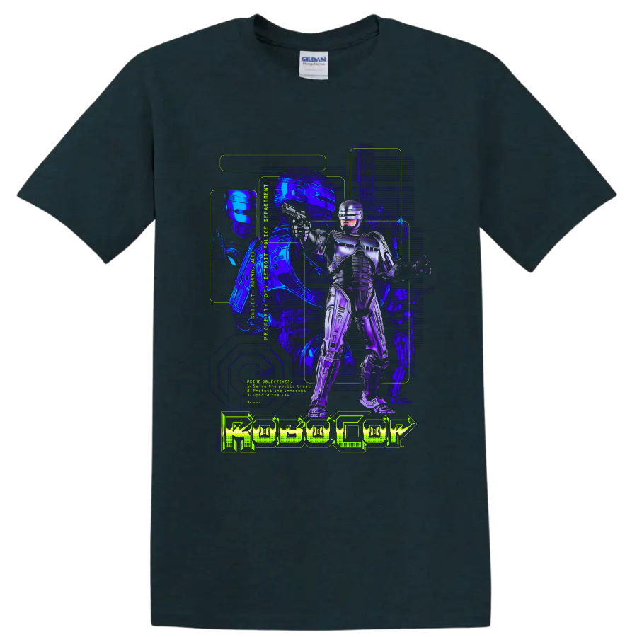 RoboCop cybernetic police officer neon sci-fi artwork with ROBOCOP text on a Midnight (Green) T Shirt