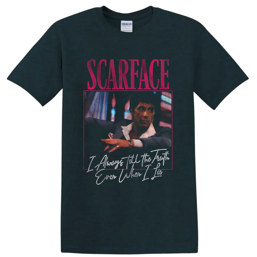 Scarface vintage crime drama portrait graphic with distressed lettering on a Midnight (Green) T Shirt