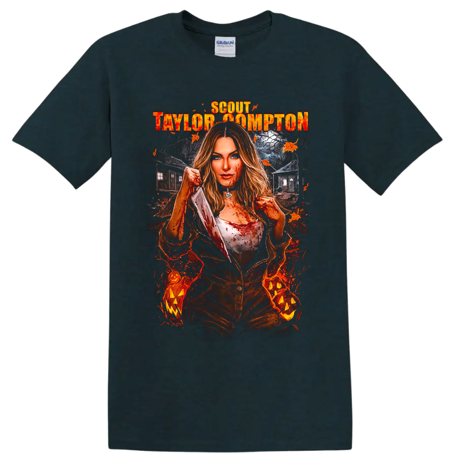 Laurie Strode horror graphic with Scout Taylor-Compton text on a Midnight (Green) T Shirt