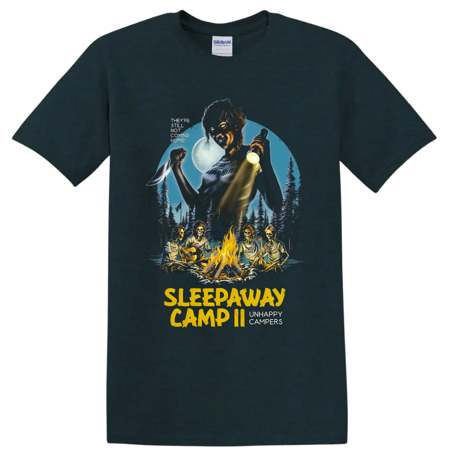 Sleepaway Camp horror graphic with skeleton campers around a bonfire on a Midnight (Green) T Shirt