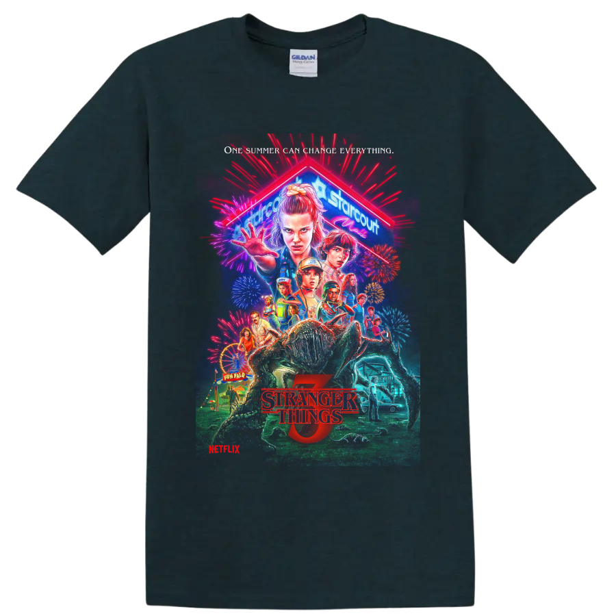 Stranger Things 2 retro neon horror poster character collage on a Midnight (Green) T Shirt