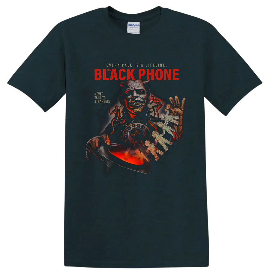 The Black Phone masked villain and rotary phone horror graphic print on a Midnight (Green) T Shirt