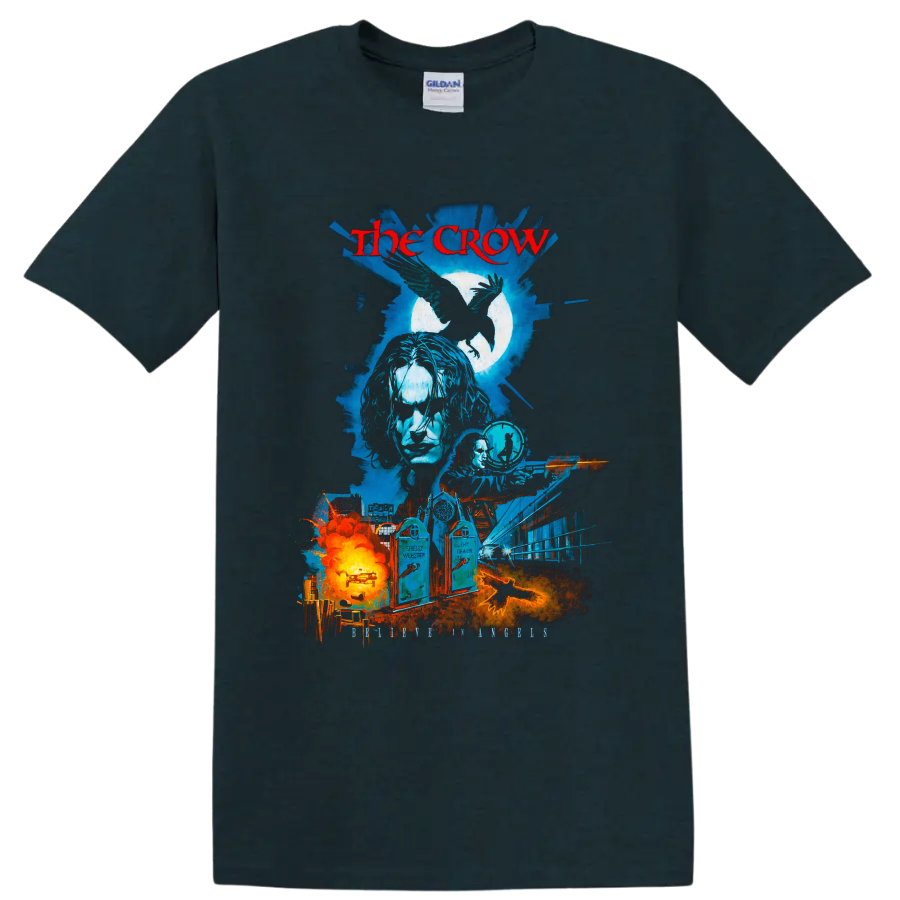 The Crow gothic raven movie collage with moon, cityscape, and fiery graphic on a Midnight (Green) T Shirt
