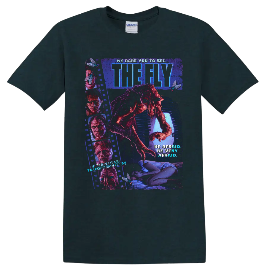 The Fly horror movie mutant insect transformation poster art on a Midnight (Green) T Shirt